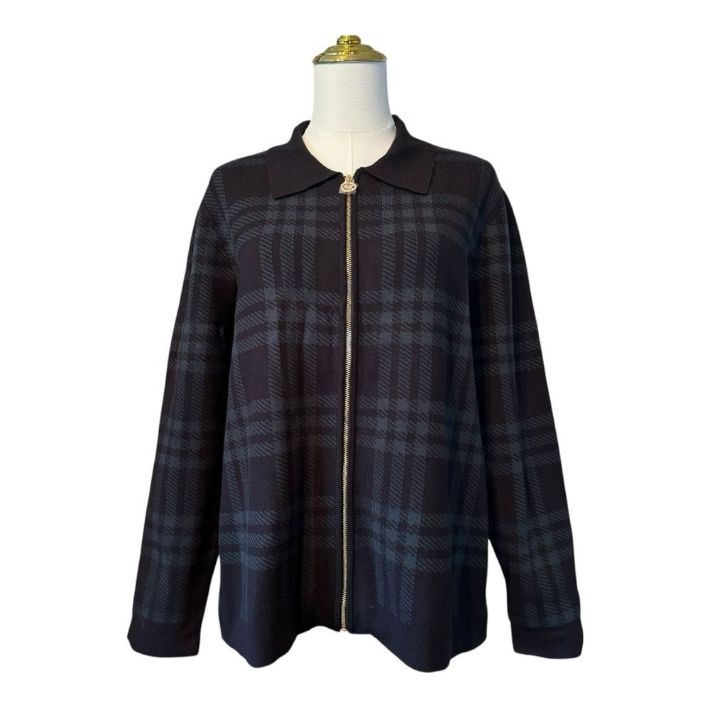 Anne Klein Black Green Plaid Zip Sweater Cardigan Jacket XL NWT